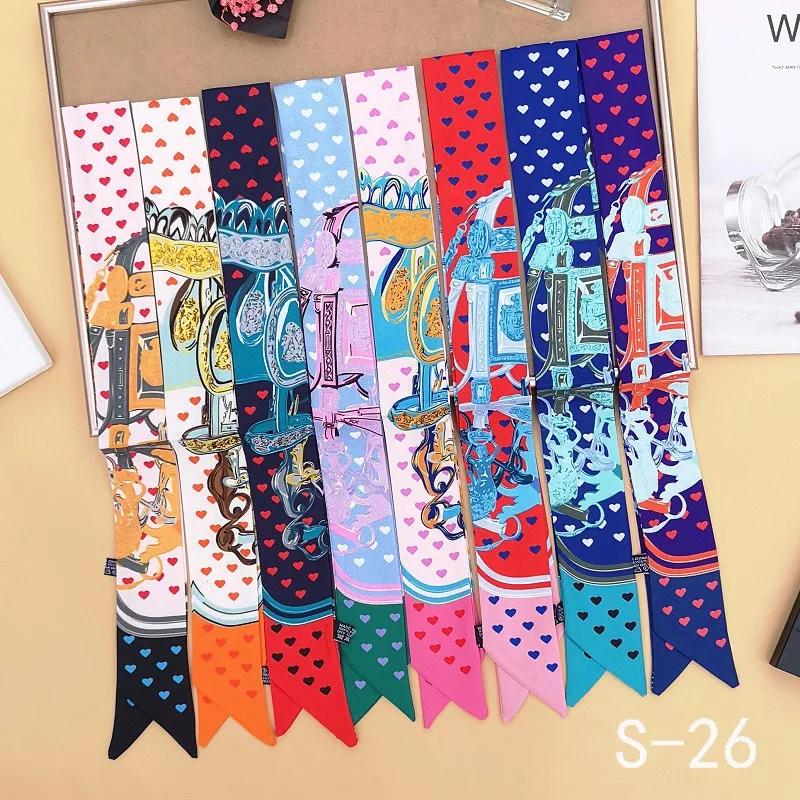 

Women Fashion Scarf Pink Heart Print Double Layer Twill Silk Ribbon Hair Tie Wrist Band Neck Accessory Bag Strap Decoration 100x5cm