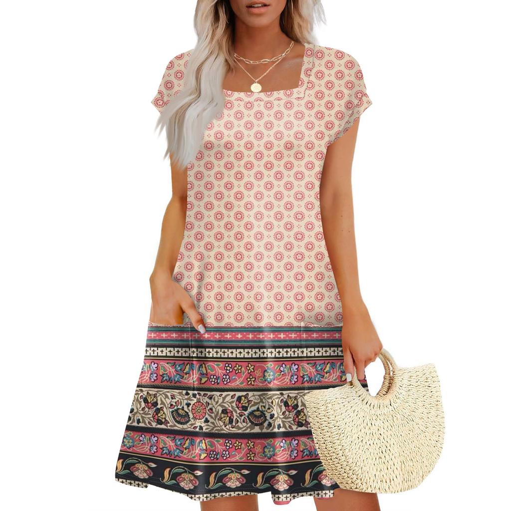 Summer Dresses For Women Loose Square Neck Cap Sleeve Casual Beach Vacation Tshirt Dress Sundresses With Pockets