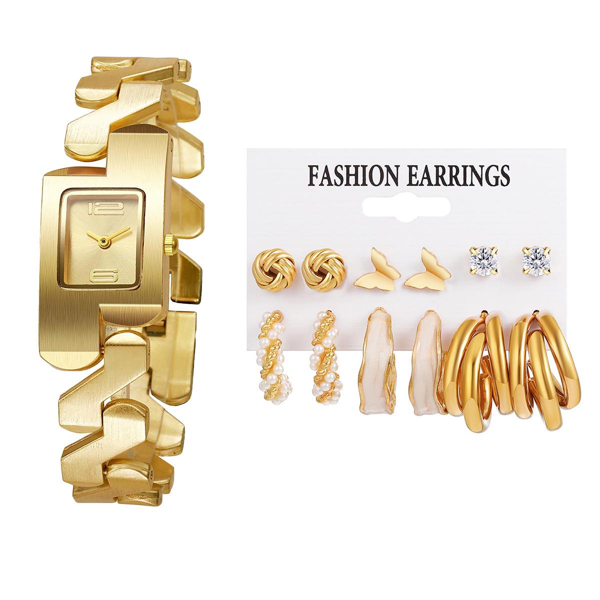 

Женский модный квадратный золотой набор часов и серег - 14 штук