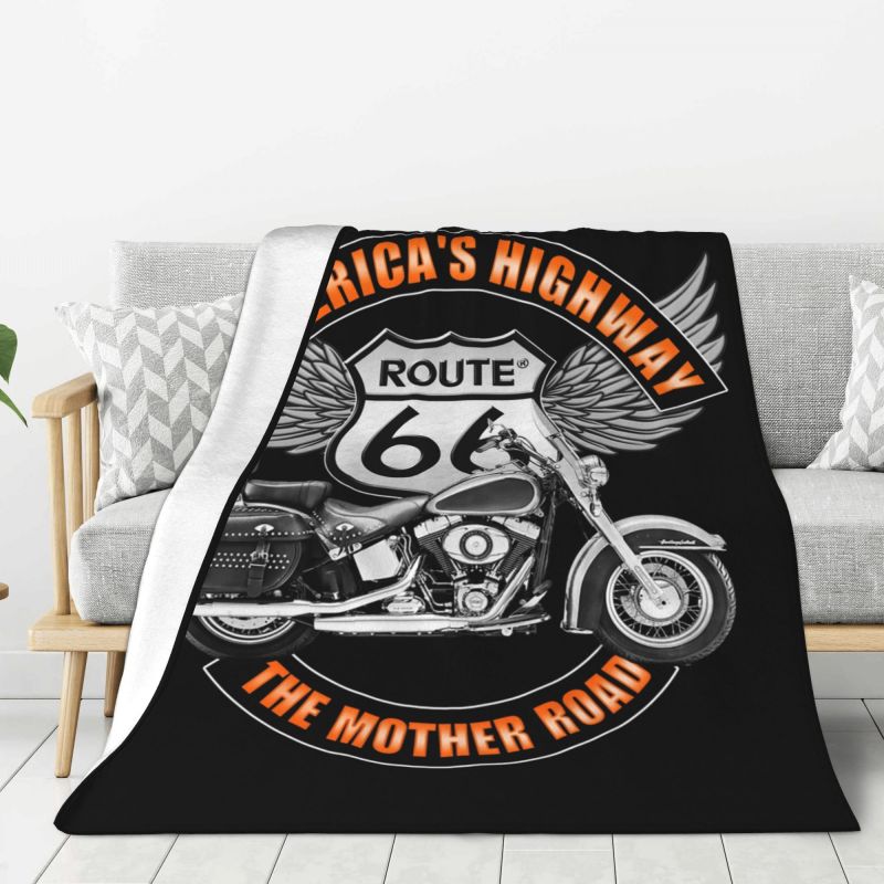 Custom 3D Print Motorcycle Ride Route 66 Blankets Comfortable Flannel Winter US Numbered Highways Throw Blanket Home Bedroom