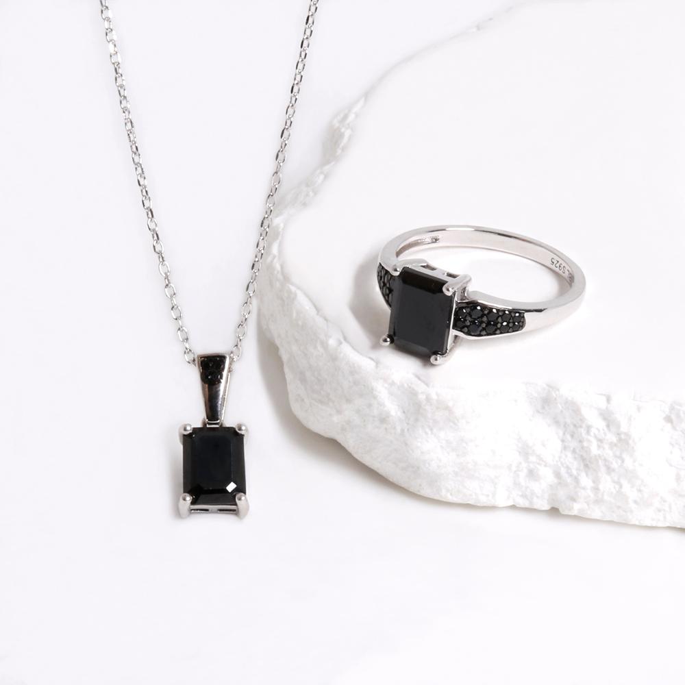 Gorgeous Noble Perseverance Natural Black Spinel Precious Gems Ring Earrings Necklace Jewelry Set S925 Silver Birthday Gift