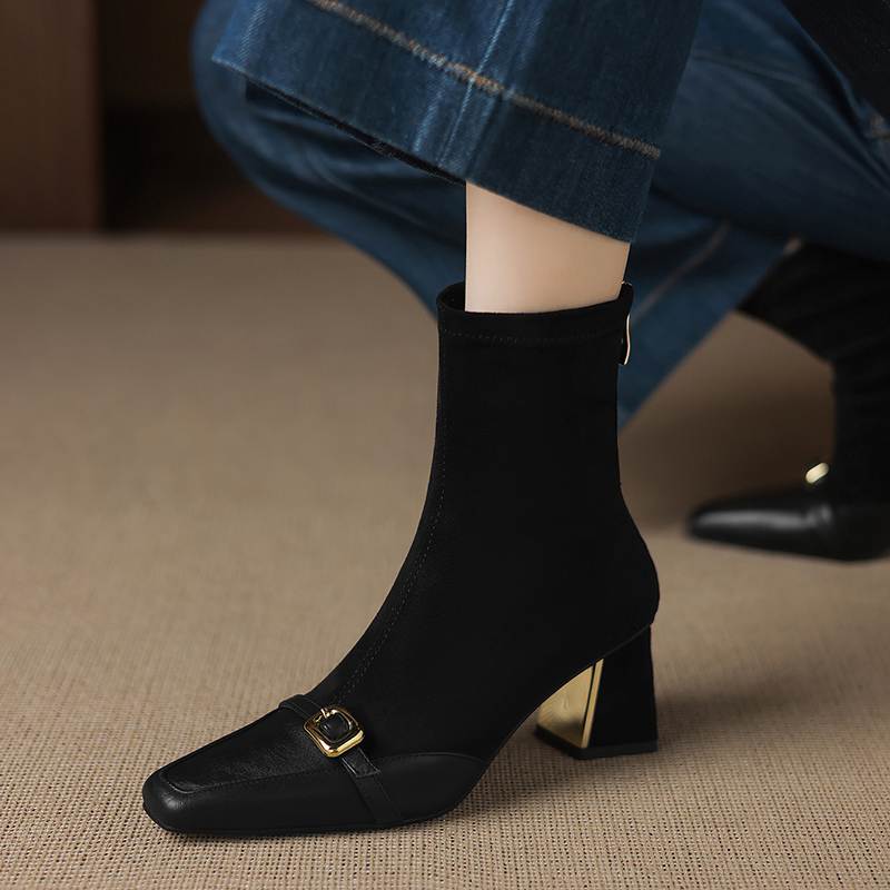 Krazing Pot Flock Cow Skin Square Toe Thick Heels Chelsea Boots Size 42 Beauty Lady Women Metal Buckle Ankle Boots