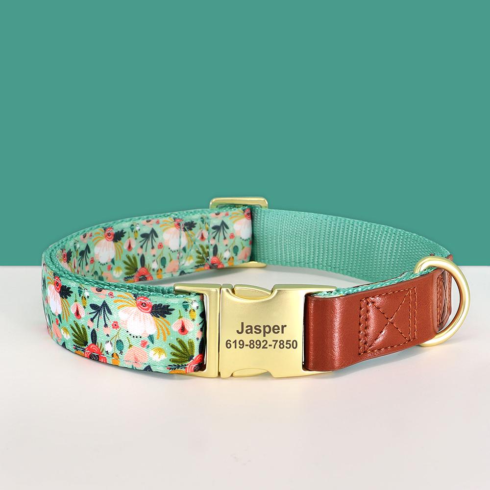 Flower Printed Dog Collar Nylon Personalized Puppy Collar Free Custom Pet ID Name Leather Collars For Small Medium Large Dog Cat