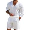 Men's Linen Casual Sports Suit: V-Neck Long Sleeve Top & Shorts - Lightweight & Breathable for Summer