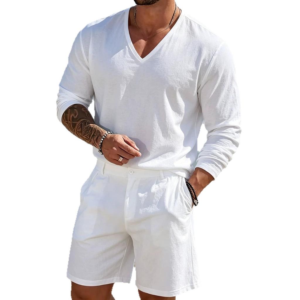 Men's Linen Casual Sports Suit: V-Neck Long Sleeve Top & Shorts - Lightweight & Breathable for Summer