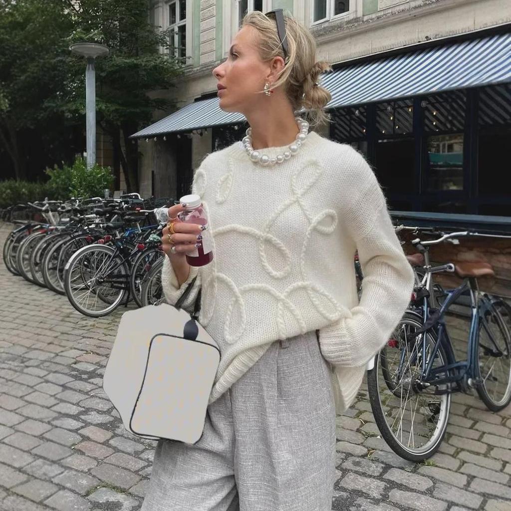 2024 Autumn Solid Color Wool Sweater: Cozy Long-Sleeved Knit with Irregular Embroidery for a Stylish Commute