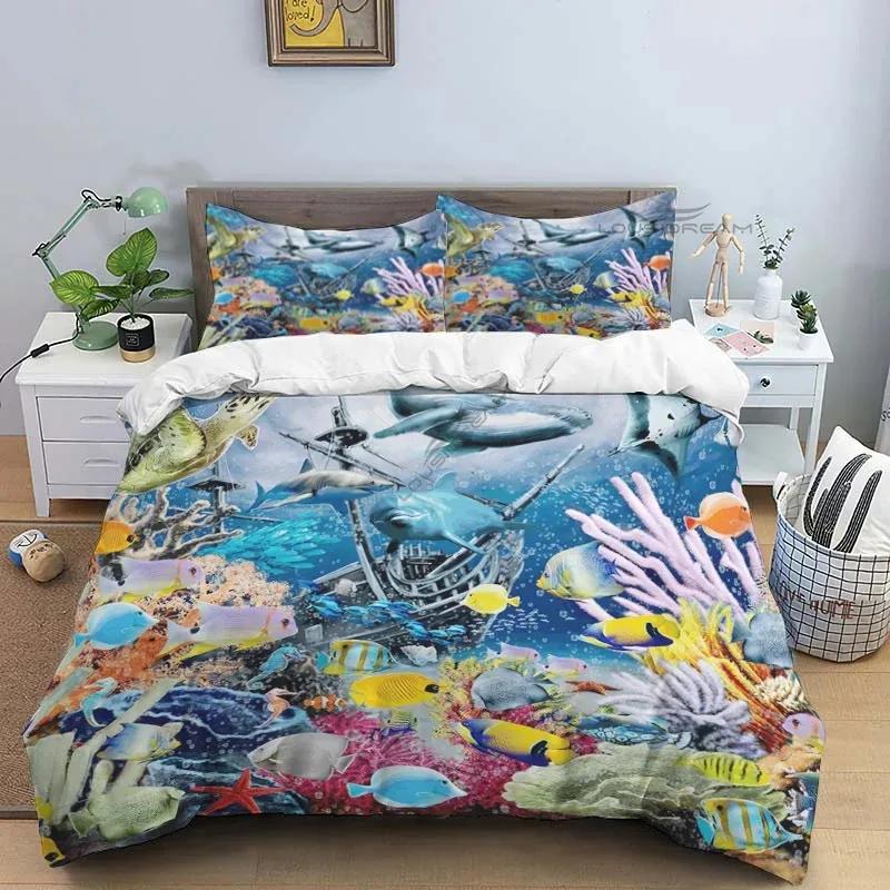 Ocean World Marine Life Art Pattern Comforter Bedding Set,Duvet Cover Bed Set Quilt Cover Pillowcase,King Queen Size Bedding Set