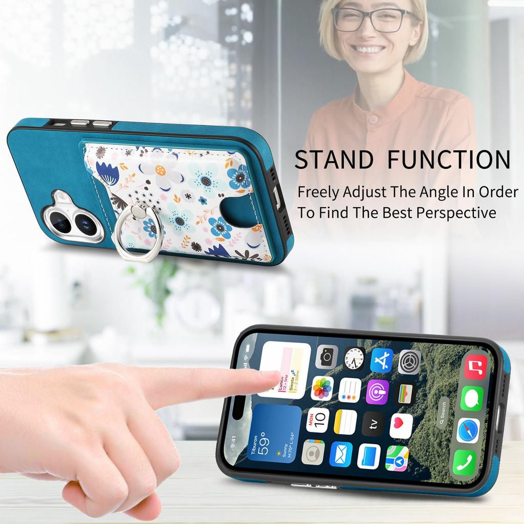 For iPhone 16 Case Kickstand Leather Coated TPU Pattern Back Cover