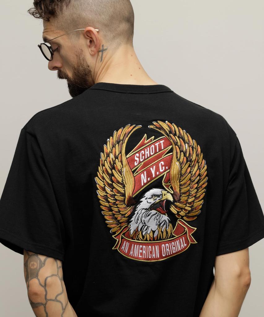 Schott NYC "EAGLE AND RIBBON EMBROIDERED" T-SHIRT, Men's Size M, Black (782-4134004)