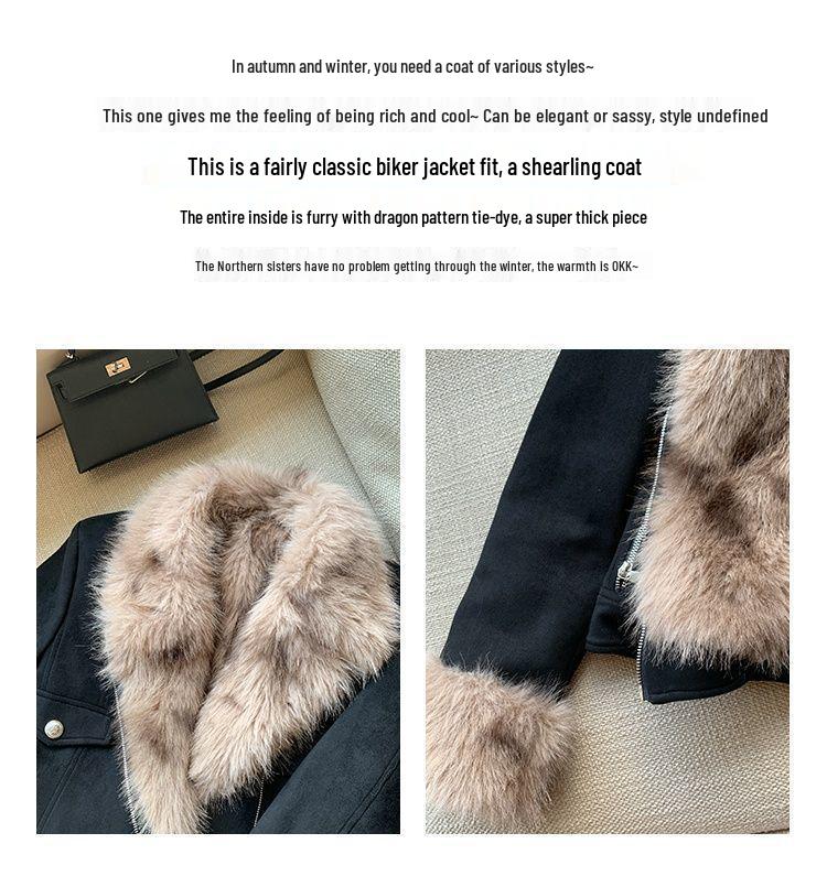 Women's Black Shearling Fur Collar Short Slim Fit Biker Jacket - Autumn/Winter Thickened Coat