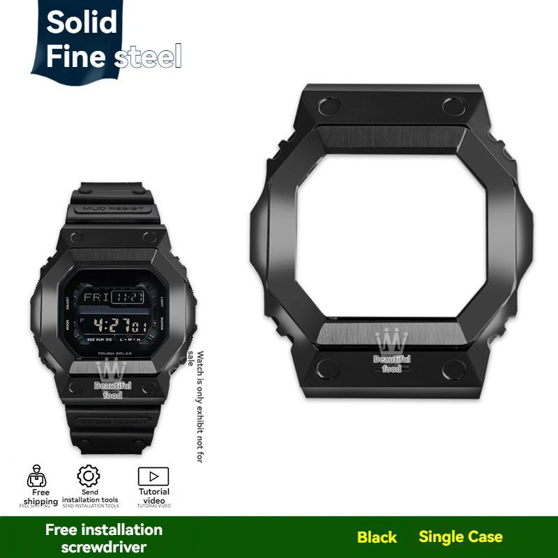 GX56/GWX56 Watch Band + Metal Bezel Case Strap for Casio G-Shock GXW56/GWX56BB -Stainless Steel Silver/Black + Replacement Tools