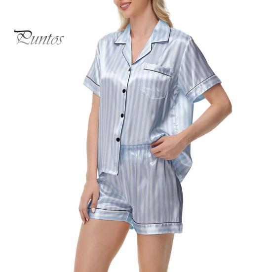 2 Pçs/Conjunto Mulheres Camisa Shorts Terno Plus Size Lapela Mangas Curtas Cetim Listrado Contraste Cor Top Cintura Elástica Calças Curtas Homewear Loungewear