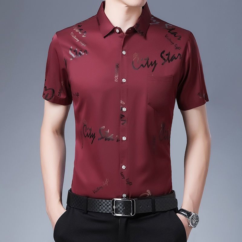 Summer Men's Ice Silk Short-sleeved Shirt Thin Plus Size Breathable Anti-wrinkle Pocket Printed Shirt