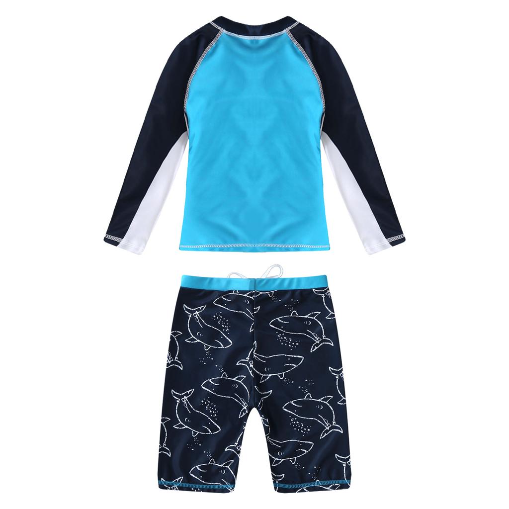 2Pcs Strand Schwimmen Bade Cartoon Shark Fisch Wellen Floral Print Bademode Lange Ärmel Tops Mit Shorts