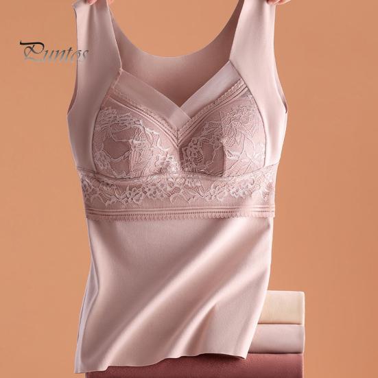 Women Thermal Vest V-Neck Sleeveless Padded Wireless Bottoming Tops Slim Fit Solid Color Temperature Locking Velvet Tank Tops