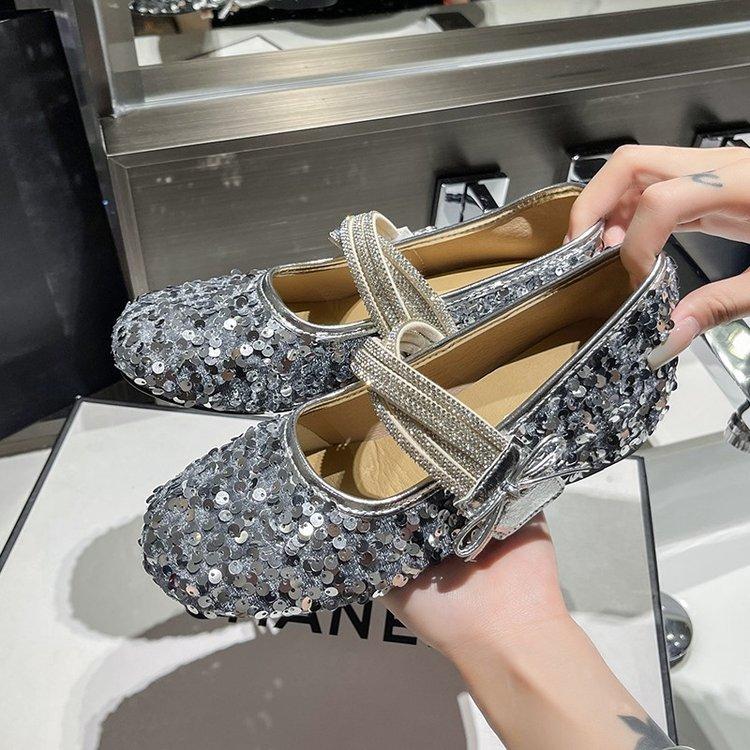 

Fashion French Inside Heightened Sequin Mary Jane Shoes Women 2025 New Fall Bow One Strap Soft Sole Shoes 40 серебряный