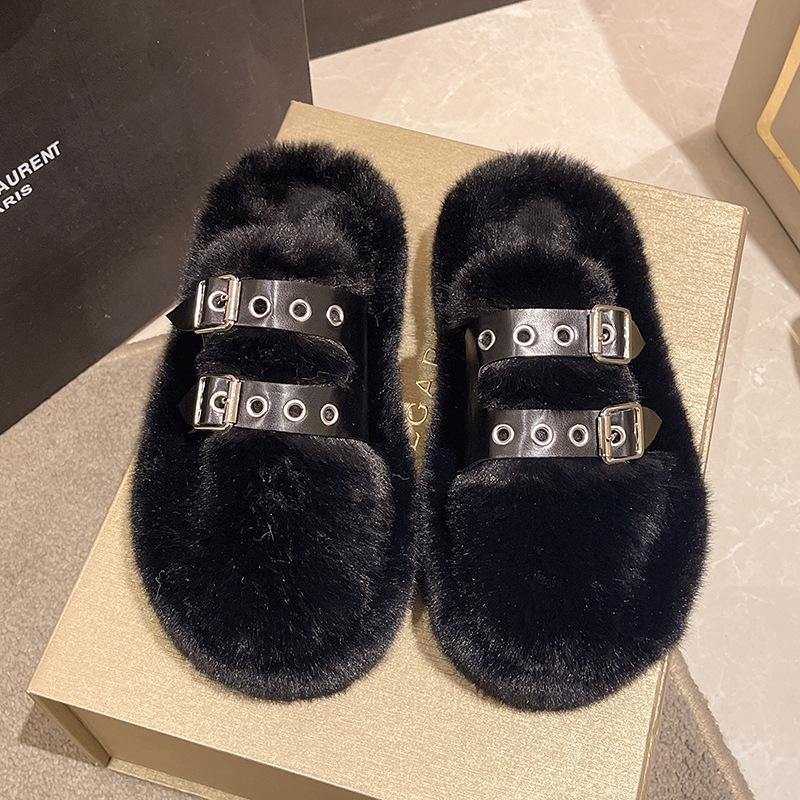 Niche design bag head fluffy slippers for women's autumn and winter wear 2025 new home furnishing piled thick-soled cotton slippers for women