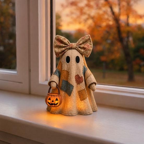 Figura de Fantasma Patchwork Iluminada de Halloween yangyizhi, Lazo Luminoso con Linterna de Calabaza, Lámpara de Fantasmas Decoración para Fiesta Festiva