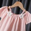 Summer Kids Cute Printing T-shirts Girls Off Shoulder Sling Loose Short Sleeve Star T-Shirt Baby Shirt Solid Color Top