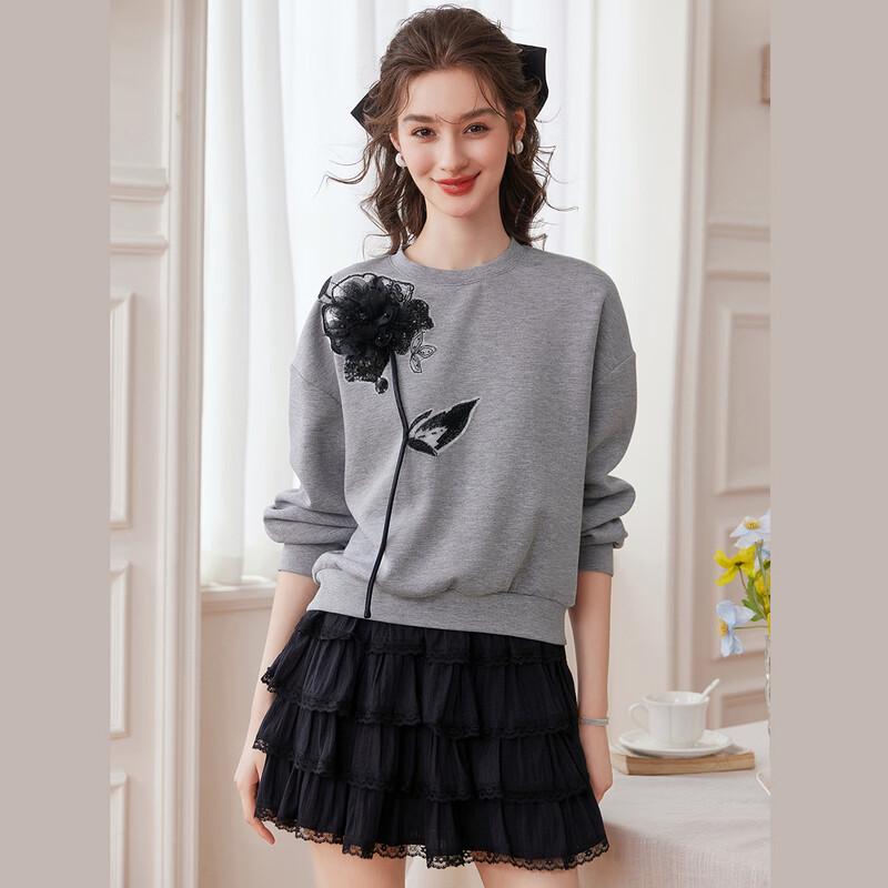 Bailuyu Women s 3D Floral Embellished Contrast Sweatshirt L