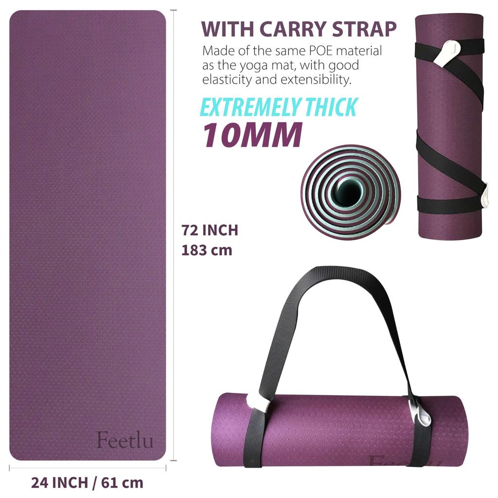 Feetlu Thick Yoga Mat with Inch Popular Thick Yoga Thick Stretching Pilates Mat Straps, 2/5 (10mm) - Mat, Mat, (Purple/Light Blue)