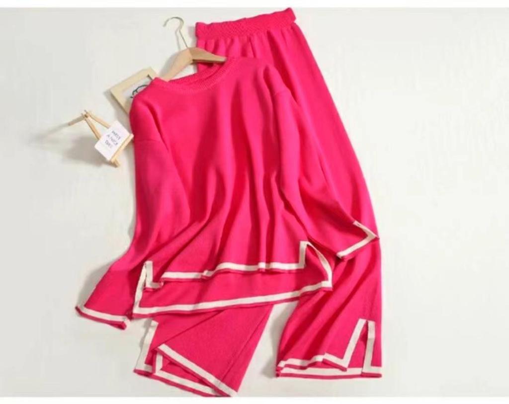 2025 Fall Contrast Long-Sleeve Knit Sweater & High-Waist Wide-Leg Pants Set
