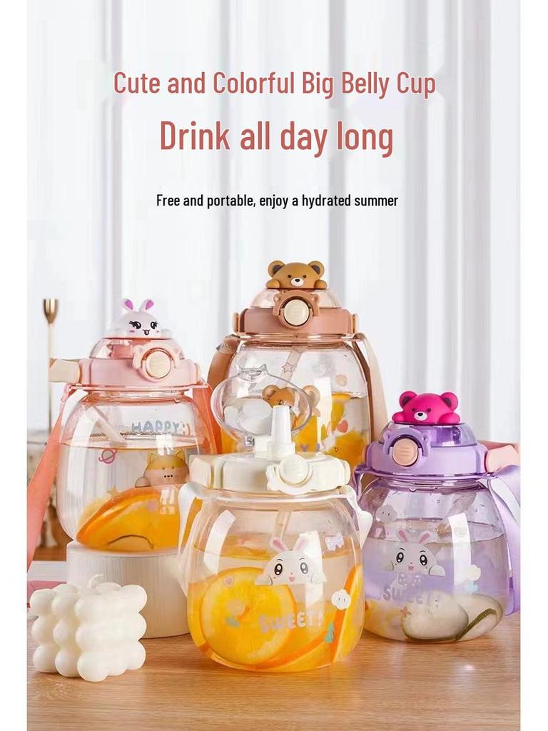 Large Cartoon Children's Straw Water Bottle - High-Capacity, Stylish Plastic Cup for Students