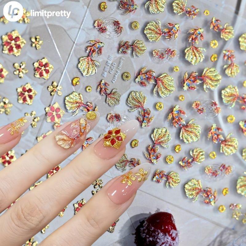 New Arrival Koi Fish & Gold Flower Nail Art Stickers - Wealth Attraction & French Flower Designs for Wearable Nail Decorations
