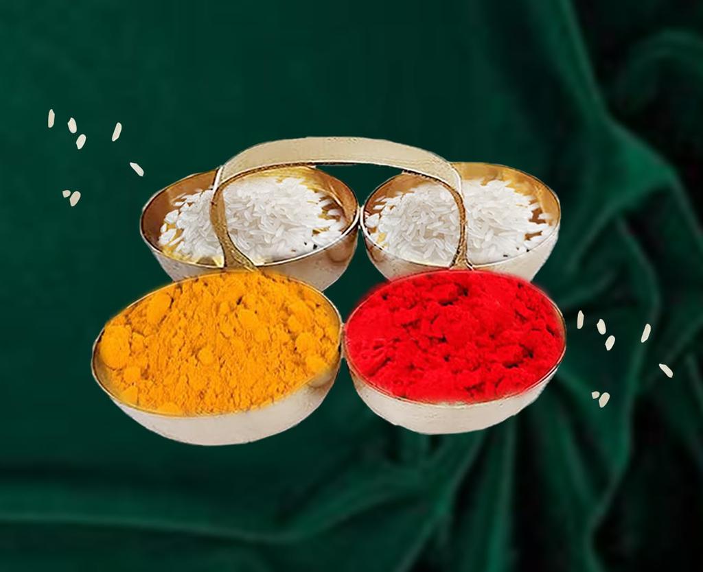 RSINC Brass Metal Puja Roli Chawal |Elaichi Mishri | Chopda for Mandir | Chowmukh Haldi Kumkum Holder 4 Bowl Stand Holder Patra- Gold Brass Chomukha