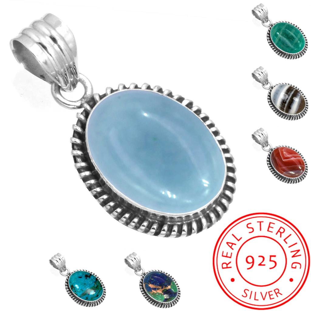925 Sterling Silver Pendant Women Gemstone Handmade Jewelry New Year Gift Amazonite Angelite Blue Opal Botswana Agate Mohave Azurite Chrysocolla Boho