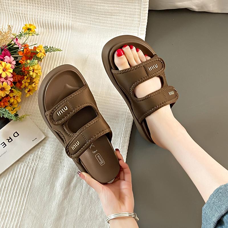 

CRLAYDK Женские плоские сандалии с открытым носком, регулируемые на липучке, шлепанцы на платформе с двойными ремешками для лета, женские слайды 40