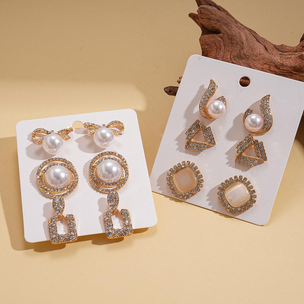 Twelve-piece set of diamond-set imitation pearl opal geometric silver needle stud earrings retro earrings