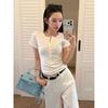 Temperament Premium Button V-neck Front Shoulder Short-sleeved Women's Henry Collar Bottoming Top Summer Temperament Thin Breathable T-shirt
