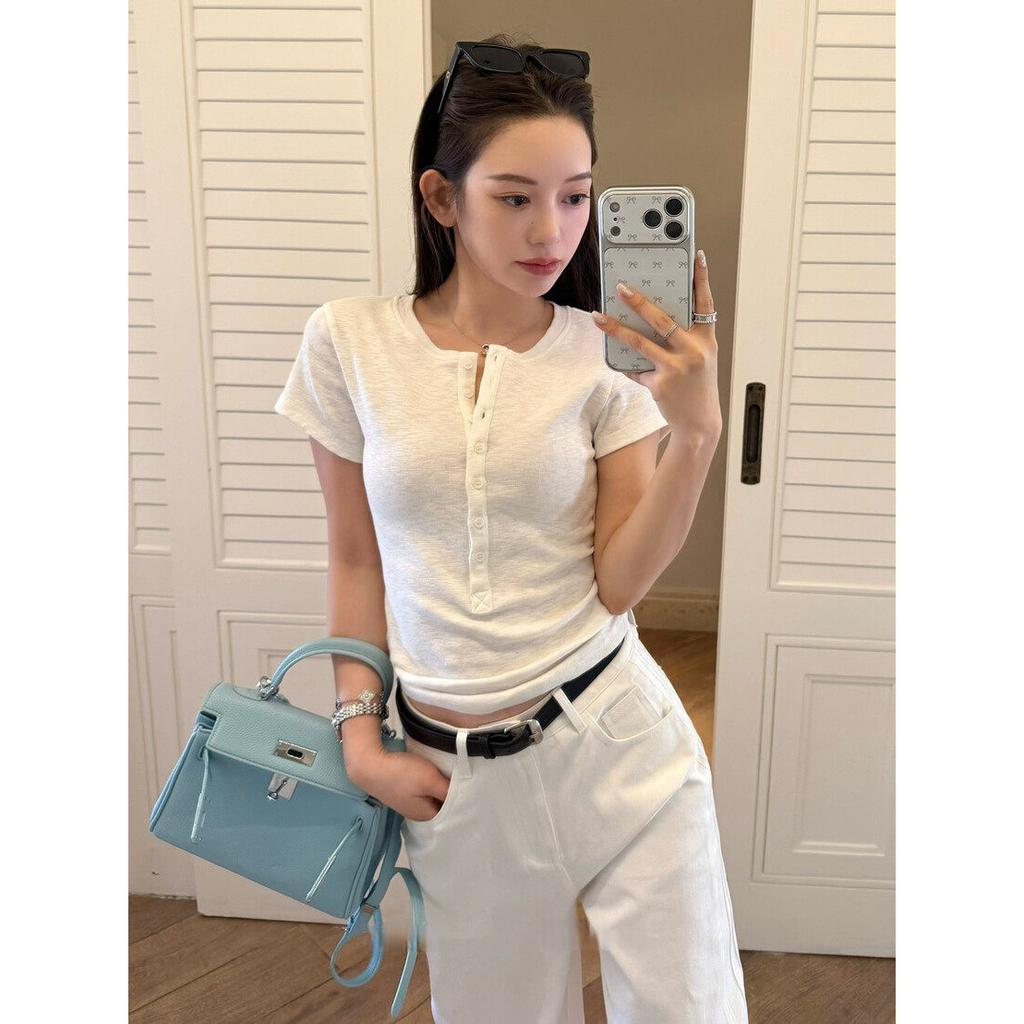 Temperament Premium Button V-neck Front Shoulder Short-sleeved Women's Henry Collar Bottoming Top Summer Temperament Thin Breathable T-shirt