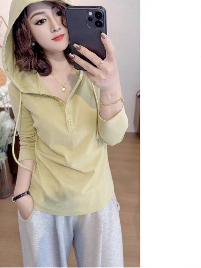 40s Pure Cotton Hooded Long Sleeve T-Shirt: 92% Cotton, 8% Spandex, Half-Open Collar, Casual Loose Slimming Design.