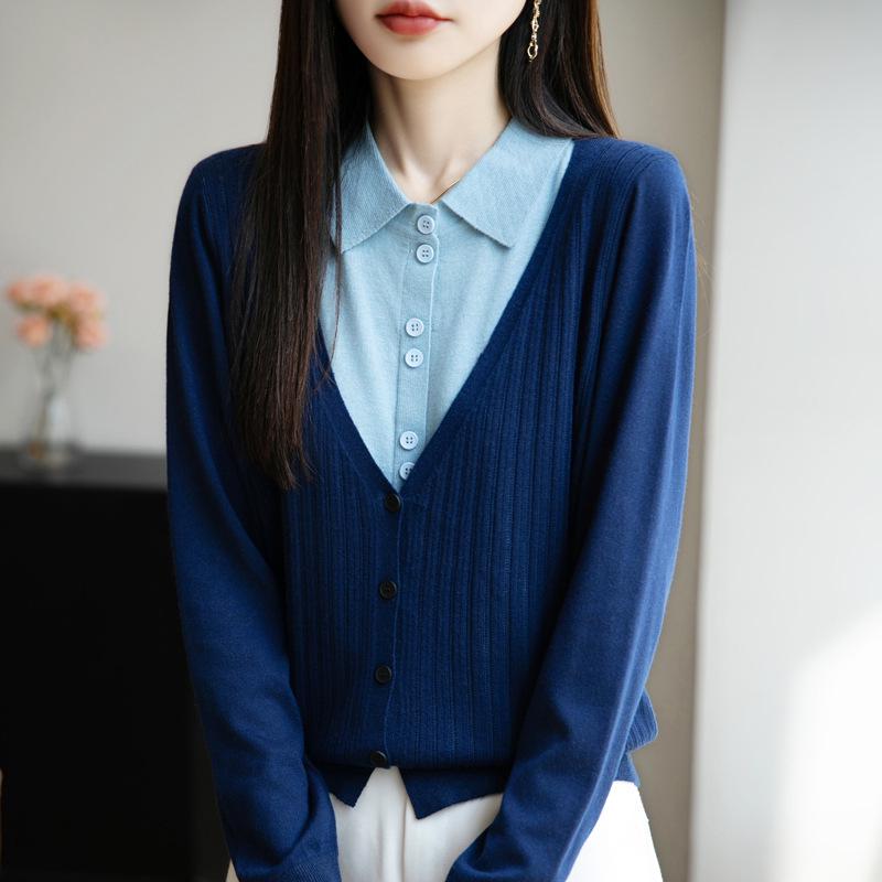 2025 A/W Women’s Loose Knit Cardigan – Polo Collar, Layered Look, Long Sleeve Outerwear