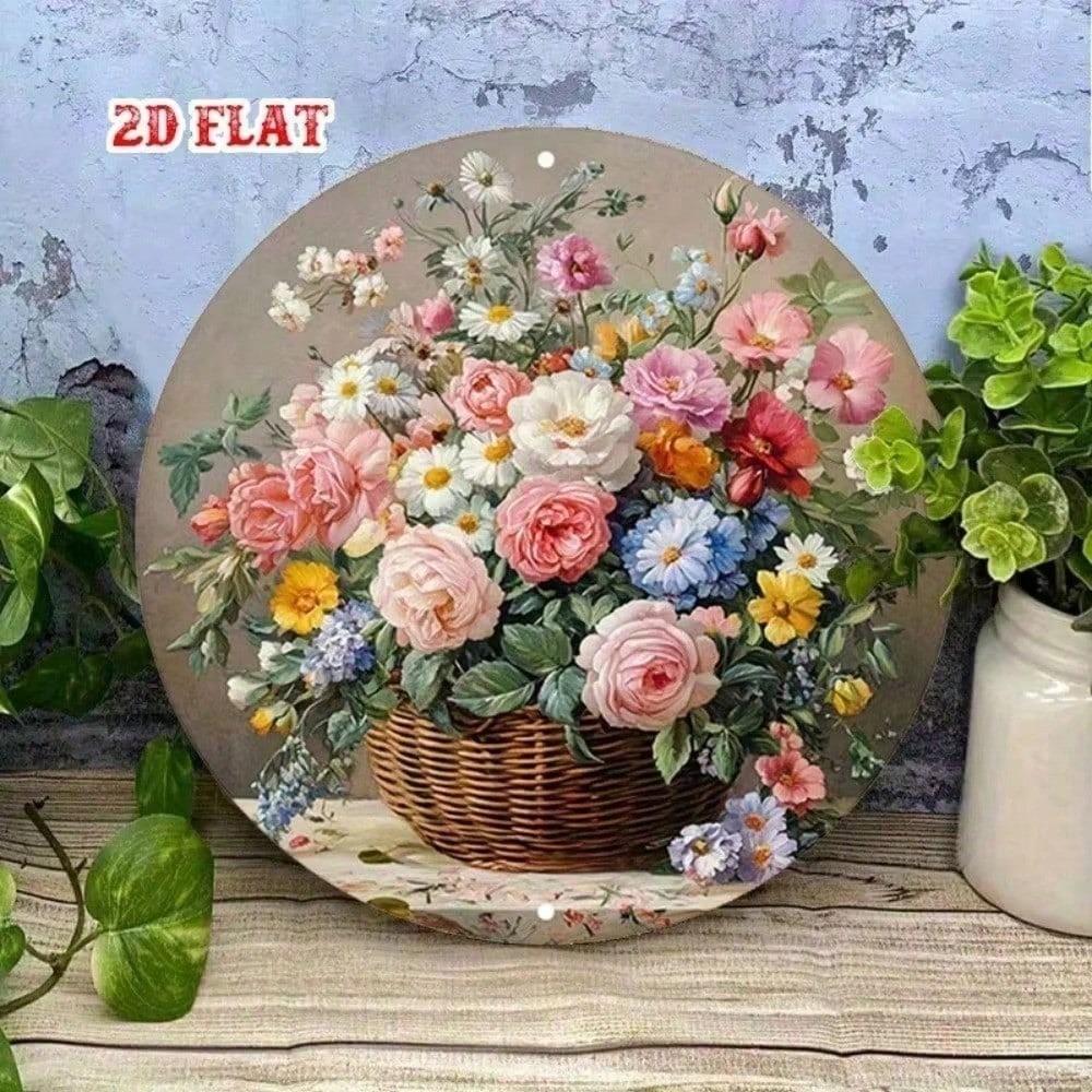 Vintage Round Metal Wall Art, 2D Aluminum Sculpture Floral Home Decor for Living Room