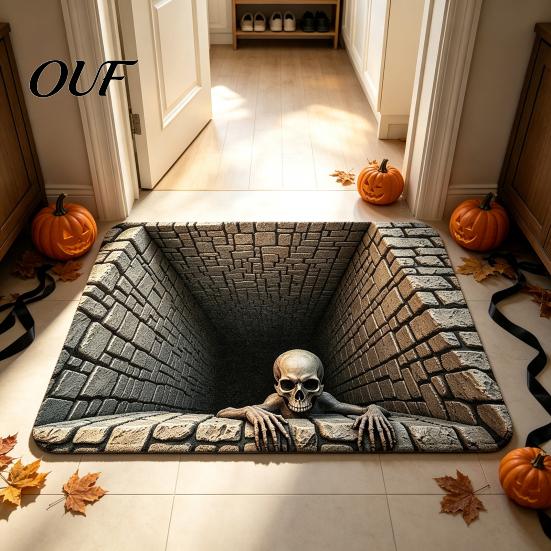 Non-slip Floor Mat 3D Skeleton Halloween Rug, Spooky Optical Illusion Entrance Depth Rug Pattern Non-Slip for Living Room Bedroom Decor Door