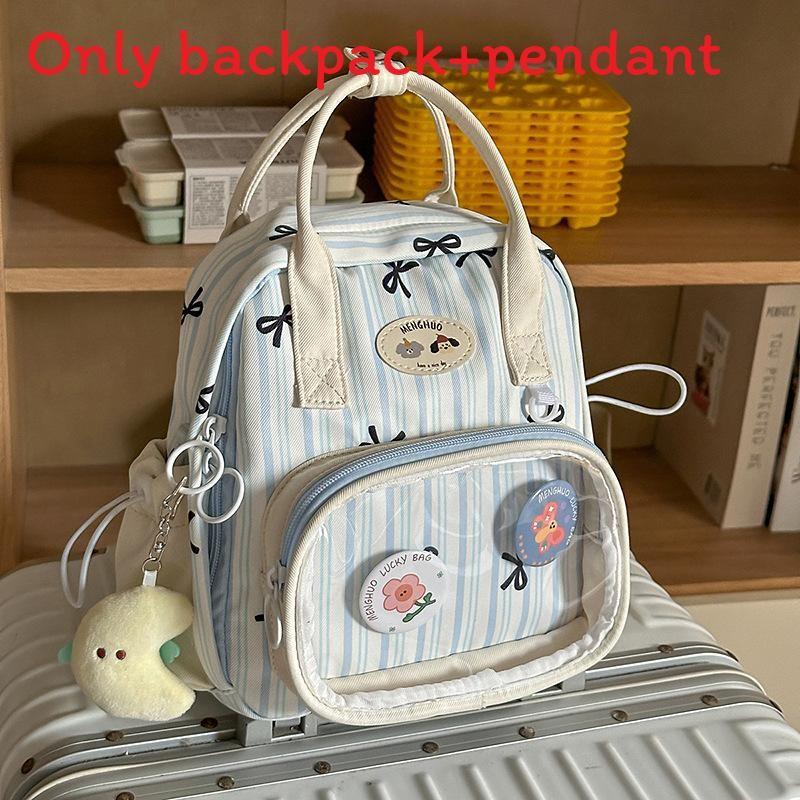 

Plaid Backpack Printed With Transparent Compartments And Cartoon Animal Decor Blue Stripes