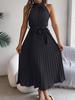 Women Elegant Stand Collar Sleeveless High Waist Pleated Solid Color Long Dress