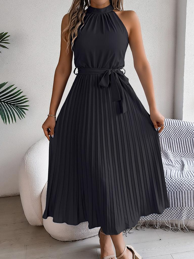 Women Elegant Stand Collar Sleeveless High Waist Pleated Solid Color Long Dress