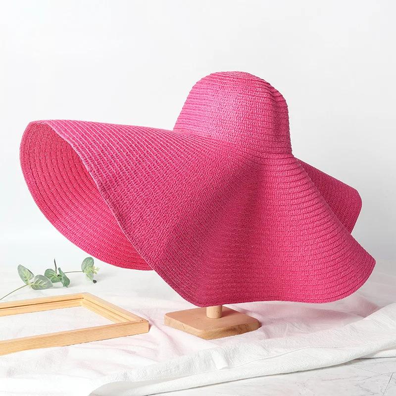 Oversize 25Cm Wide Brim Straw Hat Women'S Beach Cap Foldable Sunshade Protection Hat Ladies Sun Hats For Summer Girls