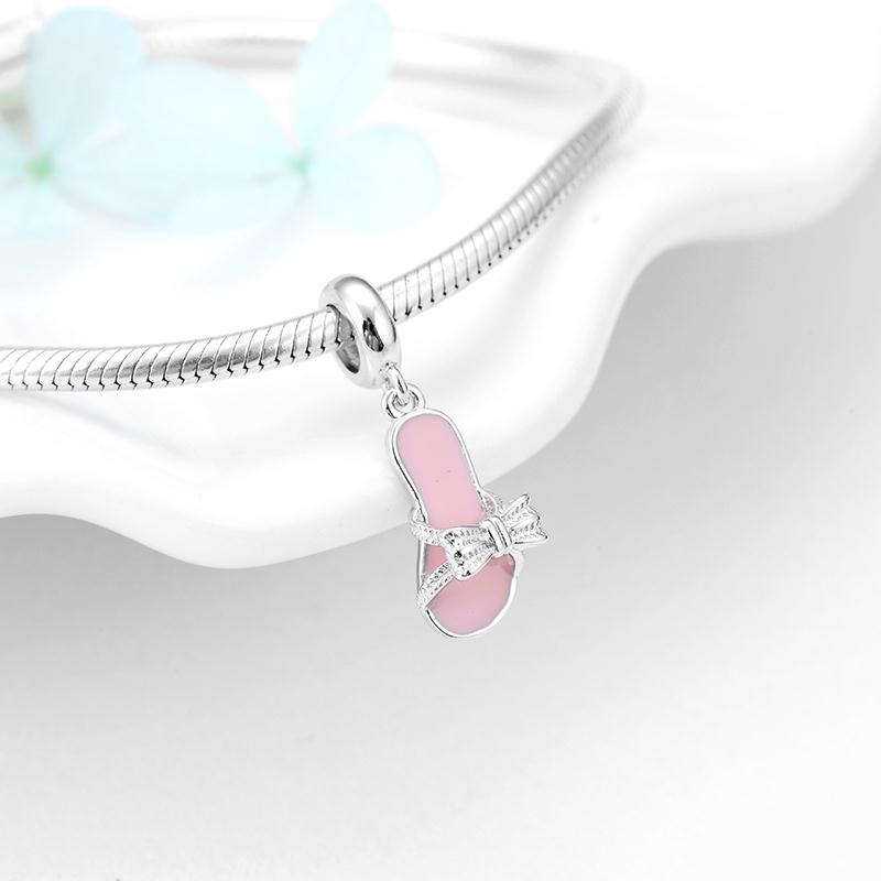 Real 925 Sterling Silver Pretty Dance Shoe Enamel Pink Pendants Fit Bracelet Beads Fashion Jewelry Accessories Wholesale Jewelry