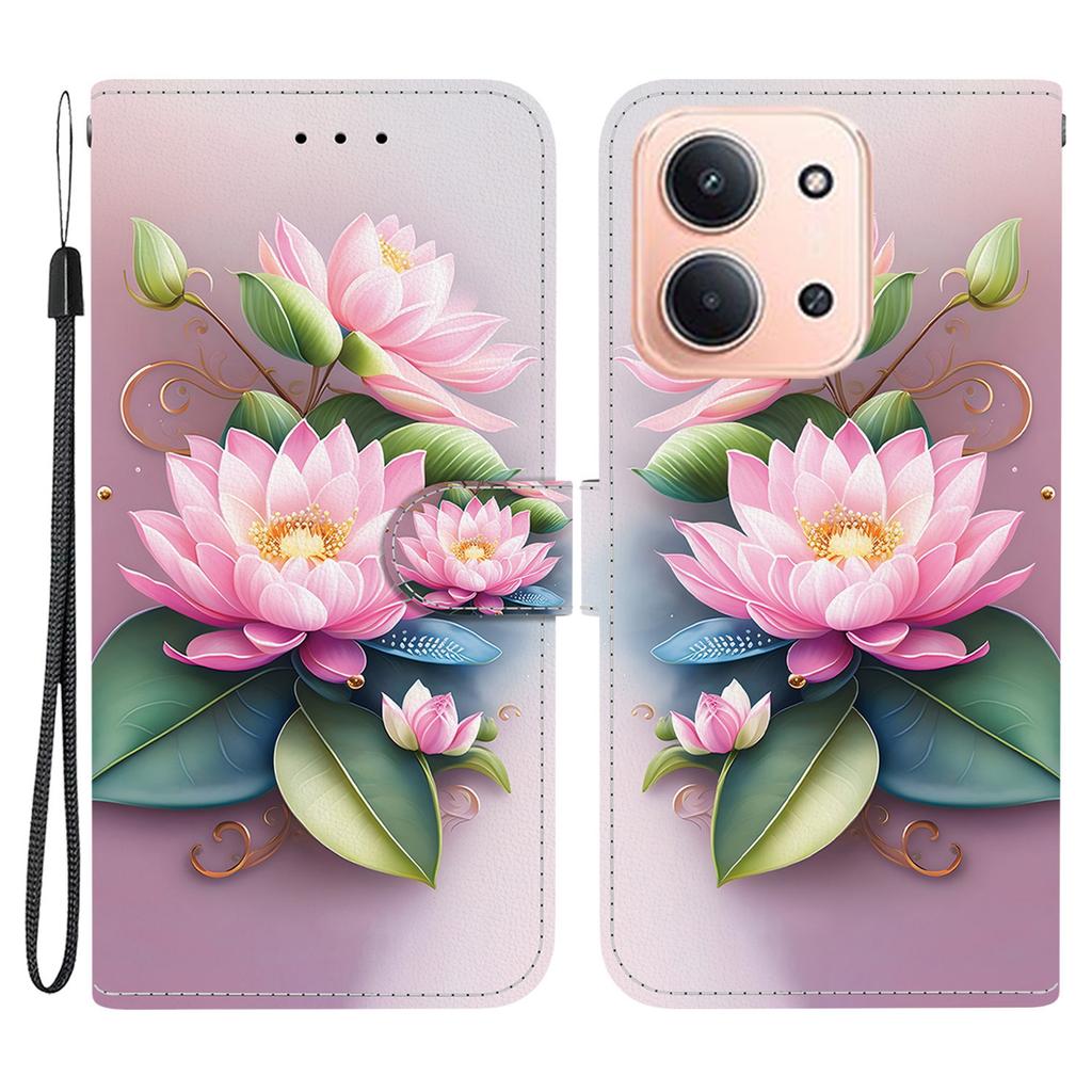 Pro Xiaomi Redmi 15C 5G (EU) (173 mm)/15C 4G (EU) (173 mm) Pouzdro Vzorový Potisk Kožená Peněženka Kryt na Telefon s Šňůrkou