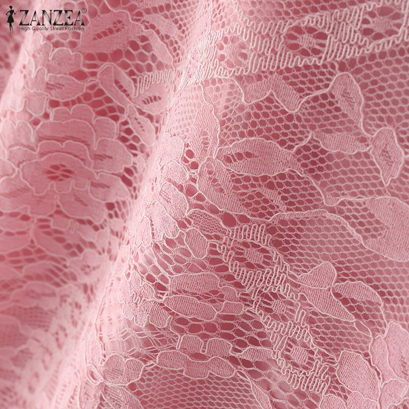 ZANZEA Women Casual Round Neck 3/4 Sleeve Lace Patchwork Blouse