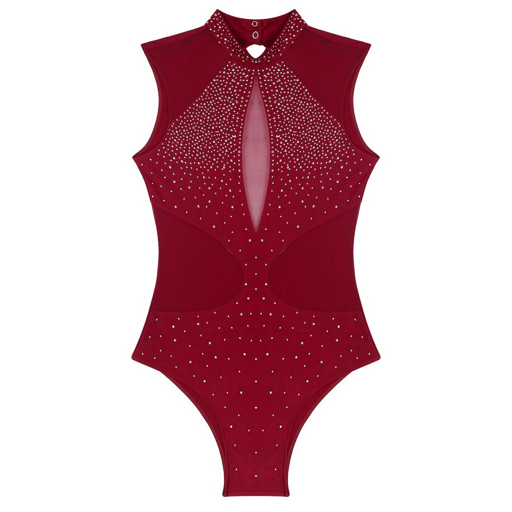 Womens Sparkly Rhinestones Figure Skating Leotard Sheer Mesh Patchwork Sleeveless Cutout Back Bodysuit for Gymnastics Dance Performance