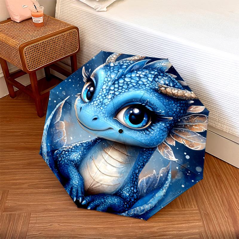 1 Stück Automatischer Faltregenschirm - Blaues Drachenmuster, Tragbares & Faltbares Design mit 8 Speichen, Weihnachts-Geburtstagsgeschenke