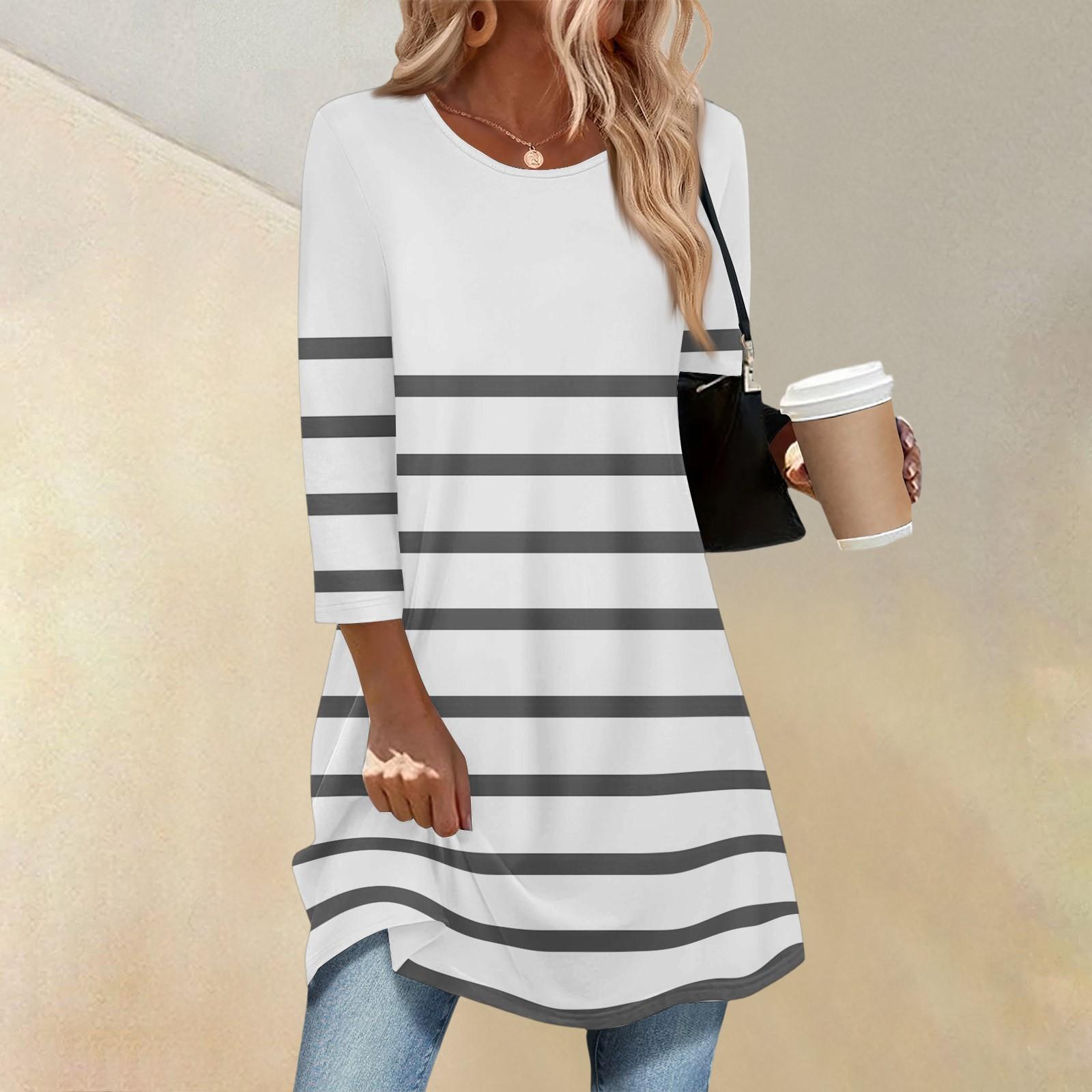 

Женская Мода Повседневный Топ с Рукавом Три Четверти, Длинный, в Полоску, с Принтом в Горошек, Круглый Вырез XL белый