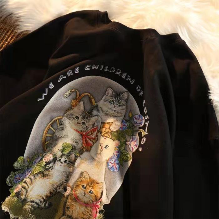 [Оптом] 2025 Американский ретро флисовый свитер с принтом кошек модный свободный милый кардиган 3XL