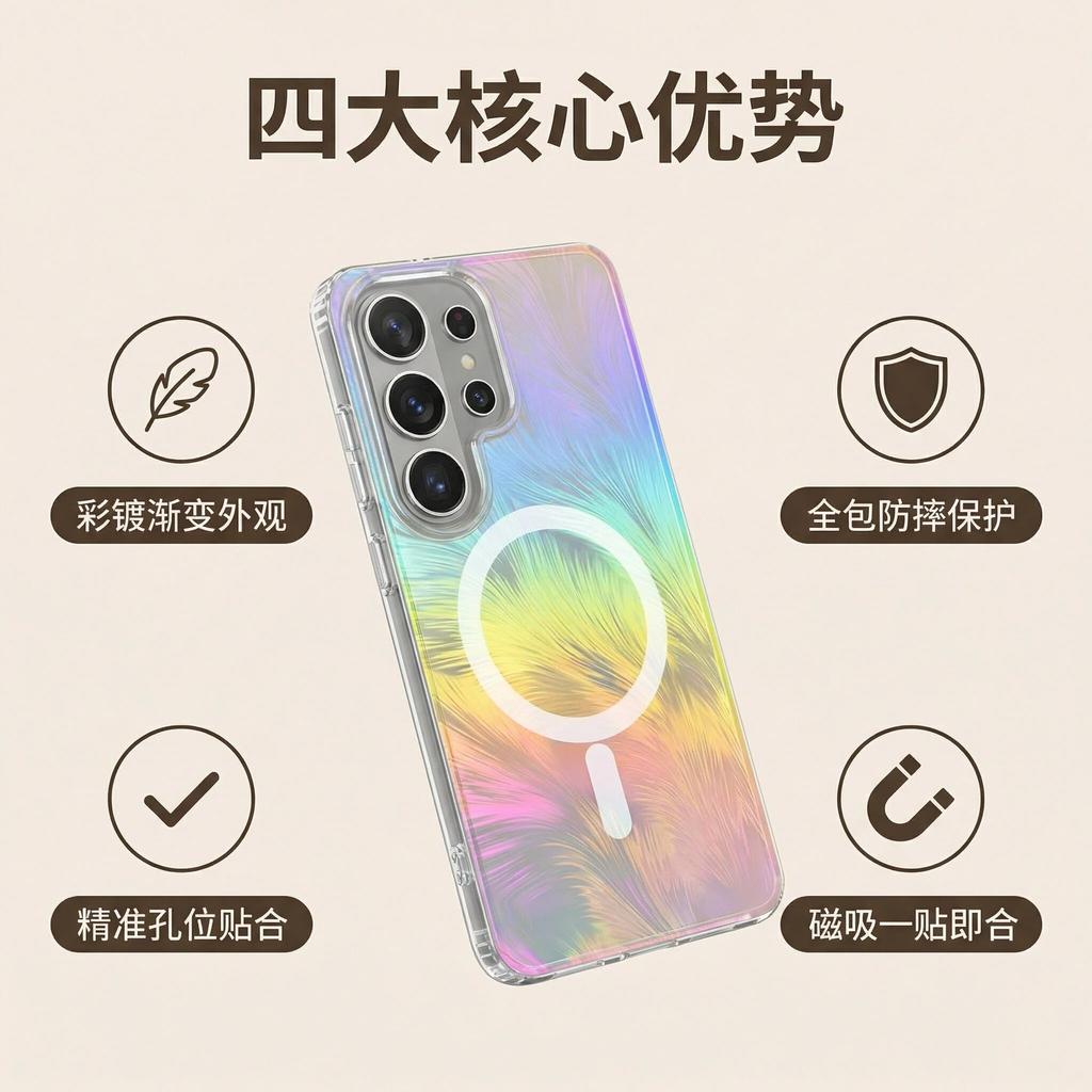 Applicable to Samsung s25ultra feather yarn magnetic mobile phone case gradual change s25edge color plating s26 laser colorful anti-drop